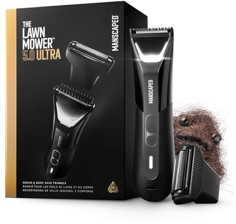 MANSCAPED® The Lawn Mower® 5.0 Ultra Groin & Body Hair Trimmer – Dual-Head SkinSafe® Trimmer & Foil Blades, Waterproof Wet/Dry Groomer, USB-C Rechargeable with Travel Case, Men’s Ball Shaver, Black