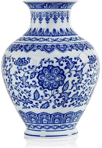 Qinlang 22,1 cm kleine Keramikvasen für Blumen, blaue und weiße Blumenvase für Tafelaufsätze