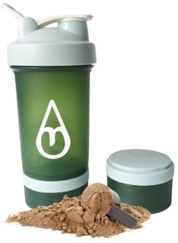 Motivai® Shake-Becher mit Puderfach - Shaker - 3-teiliges Shaker - 600ml - Zur Herstellung von Shakes - Ergänzungen - Fächer für Protein und Preworkout und/oder Pillen - mit Shakeball (Grün)