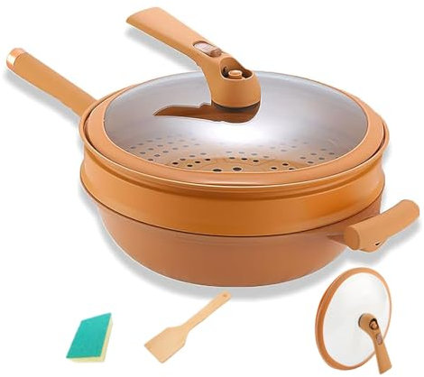 Wok In Argilla Antiaderente 2024 Con Cestello Per Cottura A Vapore, Pentola A Pressione Micro Antiaderente In Argilla Ceramica Multifunzionale,Wok In Argilla Antiaderente Da 12,5 Pollici Con Cestello