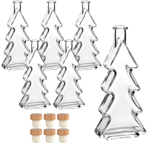 gouveo 6er Set Glasflasche 200 ml Tanne mit Korken (HGK) - Kleine Tannen-Flasche mit Korkverschluss - Tannenbaumflasche zum Befüllen und Verschenken