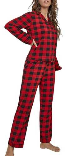 Owegvia Ensemble pyjama à carreaux rouges pour femme, col rabattable, chemises à manches longues, hauts et pantalons, tenue de détente 2 pièces, Rouge, S