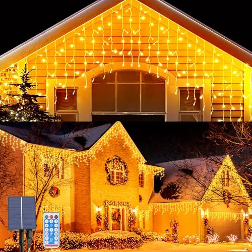OPAHUTER Solar Icicle Lights Outdoor, 16Ft 128 LEDs Christmas Icicle Lights with 8 Lighting Modes, Remote Control, IP65 Waterproof Curtain Fairy Lights with 16 Drops for Window Xmas Garden Gazebo