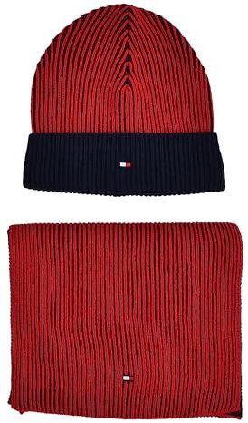 Tommy Hilfiger Set Schal Strickmütze Mütze Gift Box Baumwolle Kaschmir Rot Blau