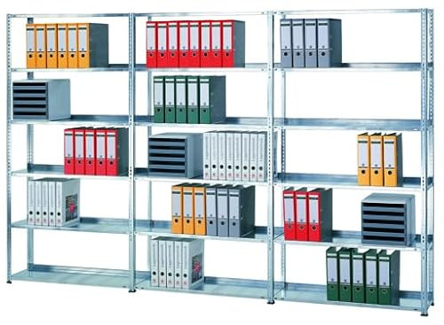 qpool24 Grundregal, Büro-Fachbodenregal Schraubsystem MULTIplus85, 2300 x 1000 x 300 mm (HxBxT), 6 Fachböden, RAL 7035 lichtgrau, ohne Anschlagleiste