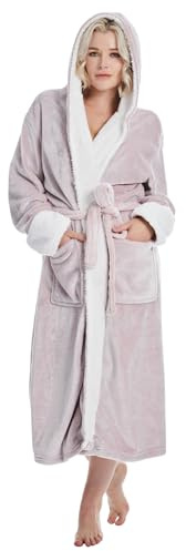 DiaryLook Langer Bademantel Damen flauschig mit Kapuze und Taschen – Kuscheliger Hausmantel für Sauna, Bad & Zuhause Schimmer Rosa XL
