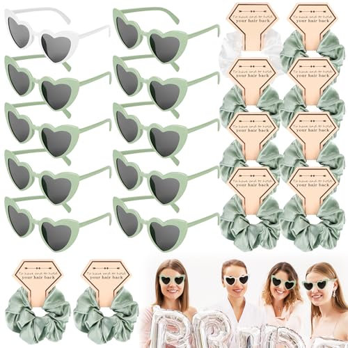 JGA Brille&Team Braut Haargummi, Bride Party Herz Sonnenbrille, Jga Accessoires Frauen mit 10 Sonnenbrille Herz + 10 Bride Haargummi, Jga Deko für Junggesellinnenabschied, Party, Hochzeit (Grün)