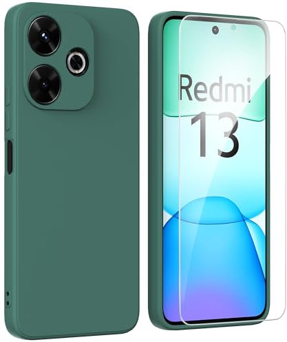 ARRYNN Funda Xiaomi Redmi 13 4G (6,79) con Cristal Templado Protector de Pantalla,Verde Ultra Slim Protectora Funda de Silicona Líquida Suave Case Cover - Verde1