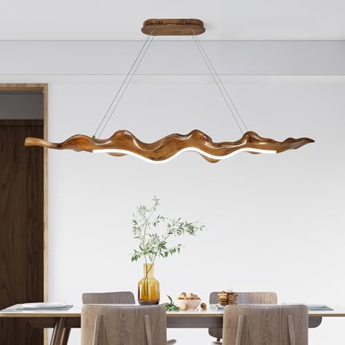 HvKvHvY Holz Korn Blatt Stil Küche Insel Deckenleuchten 3000K-6000K dimmbare Kronleuchter Deckenleuchte einstellbar mit Fernbedienung,52W LED Esstisch Leuchten für Küche Schlafzimmer Studie, 100Cm