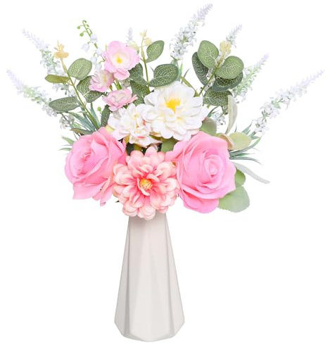 Tifuly Artificial Fake Flowers in Vase,Pink Roses Artificial Flowers with Vase,Silk Flowers Bouquet for Table Centrepiece Home Office Wedding Decoration