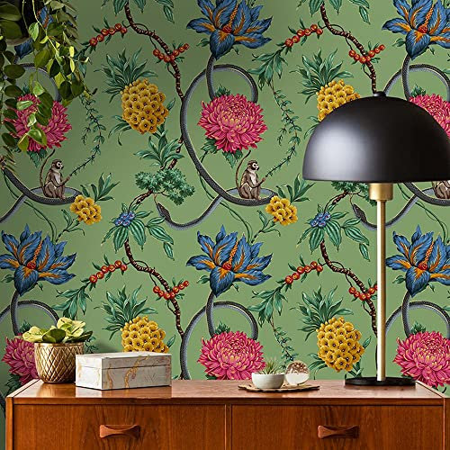 World of Wallpaper Forbidden Fruit Wallpaper Exotic Floral Animals Green/Multi 39002 - Feature Wall Paper for Living Room Bedroom Hallway Lounge