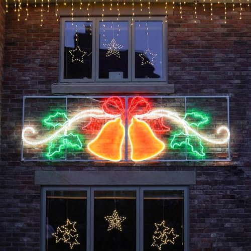 Festive Lights - 3.3m x 1m Outdoor Rope Light Christmas Bells Silhouette Motif with Aluminium Frame - 843 Multicolour LEDs, Mains Powered, IP65 Waterproof Rated, Wall Mounted, 5m White Cable