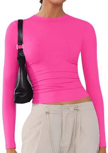 ARCFEETORY Women's Soft Long Sleeve Shirts Crew Neck Tops Basic Tees Stretchy Going Out Crop Tops Y2K Slim Fit T-Shirts Hot Pink XS