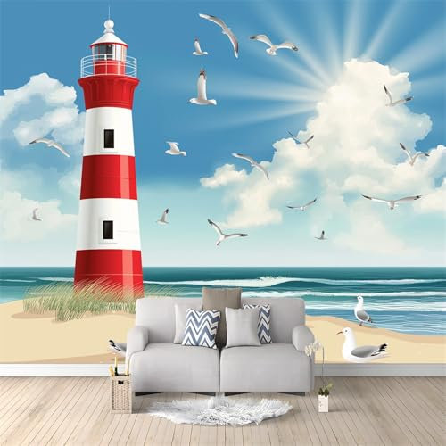 Tapete Fototapete 200 x 140 cm Cartoon-Leuchtturm Mit Möwen Fototapeten Vlies Tapeten, Blau Wand Wandbild Schlafzimmer Wohnzimmer Tapete für Zuhause Büro Arbeitszimmer Wanddekoration