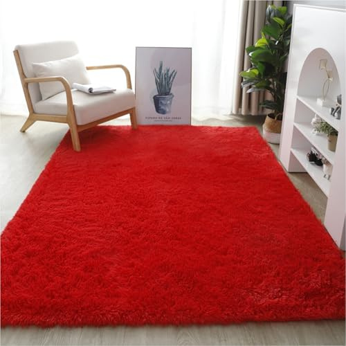 YUANWAN Hochflor Teppich Wohnzimmer 170 x 240 cm Anti-Rutsch Unterseite, Waschbar Weiche Teppiche Schlafzimmer Deko Teppich Langflor für Schlafzimmer, Wohnzimmer, Rot
