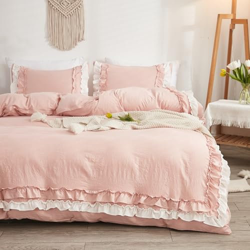 Bedorm Rüschen-Bettbezug für Queen-Size-Betten, ultraweich, atmungsaktiv, Shabby-Chic-Bettwäsche, rosa, gerüschtes Bettbezug-Set, niedlicher Bettdeckenbezug