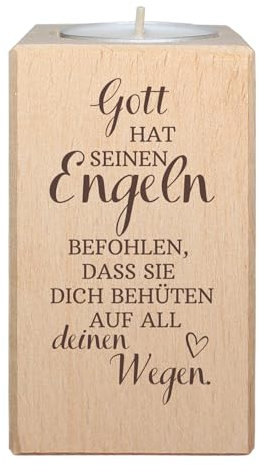 Teelichthalter mit Spruch Gott hat seinen Engeln befohlen, DASS sie Dich behüten auf All Deinen Wegen - Kerzenhalter aus Holz ca. 10x5 cm, Geschenk zur Taufe oder als Kerzenständer