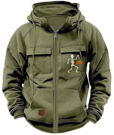 Herren-Kapuzenpullover aus Fleece, mit durchgehendem Reißverschluss, Grafikdruck, Halloween-Tasche, Vordertasche, Alltag, Urlaub, Ausgehen, Baumwolle, Streetwear, Kapuzendecke, AG, XL