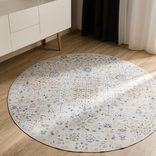 benuta Basic Waschbarer Teppich George - Beige 120 cm rund - Kunstfaser - rund & im Style: Vintage, Elegant, Retro - Pflegeleicht für Wohnzimmer Schlafzimmer