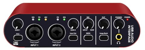 Muuoeou Professionnel 24Bit 192KHz Interface Audio 2 Entrée Carte Son pour Guitare Électrique Externe Studio PC D'Enregistrement Tuner