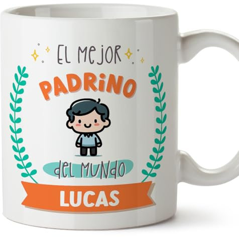MUGFFINS Tazas Personalizadas para PADRINO - En Español - Mejor del mundo - Con dibujo - 11 oz / 330 ml - Regalo personalizable original y divertido