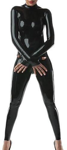 TUNAYI Black Latex Catsuit with Fingerless Gloves Rubber Bodysuit-Yellow-Female M