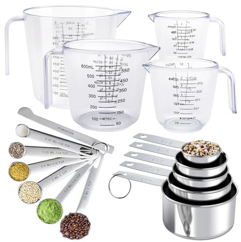 Juego de 16 Tazas y Cucharas Medidoras con Regla de Medición, Apilable Medición, Tazas de Acero Inoxidable, Tazas Medidoras de Plástico Reutilizables, Para Reposteria Hornear y Cocinar en la Cocina