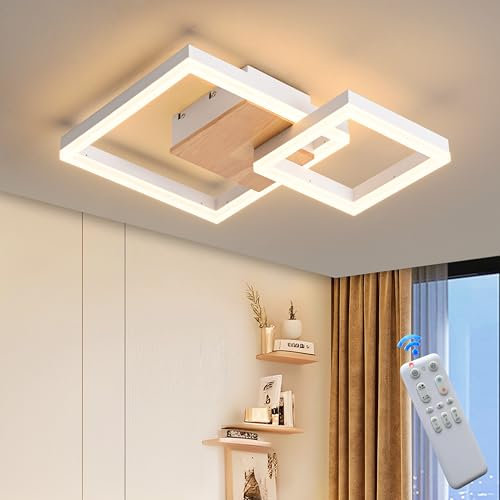 SEATAIN LED Deckenleuchte Holz, Modern weiß Geometrisch Schlafzimmerlampe Massivholz, 30W 40cm 3000lm 3000-6000K mit Fernbedienung Stufenlos Dimmbar, 3W Nachtlicht, Memory-Funktion