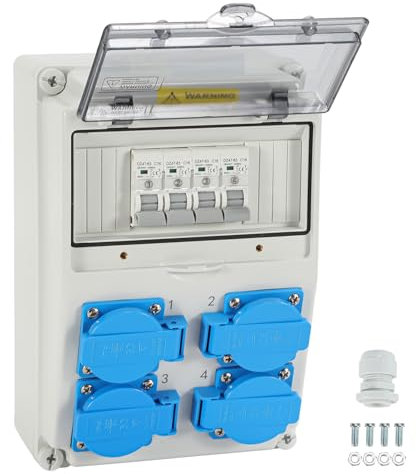 Tubiaz Wandverteiler mit Leitungsschutzschalter,16A Baustromverteiler 4xSchuko und CEE-Steckdose Steckdosen mit DC-Schutzschalter, Stromverteiler 16A innen und Außen