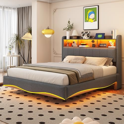 Aoskem Polsterbett Doppelbett 140x200 LED-Bett, Kopfteil mit USB/TypC und Stauraum Regal, Jugendbett Flachbett Rückenlehne Bett Funktionsbett, Bettgestell mit Lattenrost, Ohne Matratze, Leinen Grau