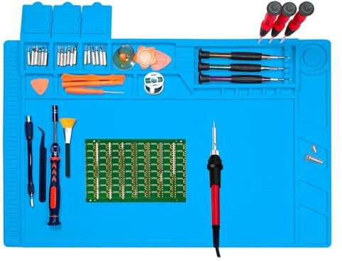 Yosugar Lötstation Silikonmatte,Mit magnetischen Fächern, rutschfest, hitzebeständig bis 500°C. Reparatur Matte de Arbeitsfläche für Löt, Bastel und Reparatur projekte (45 x 30 cm)