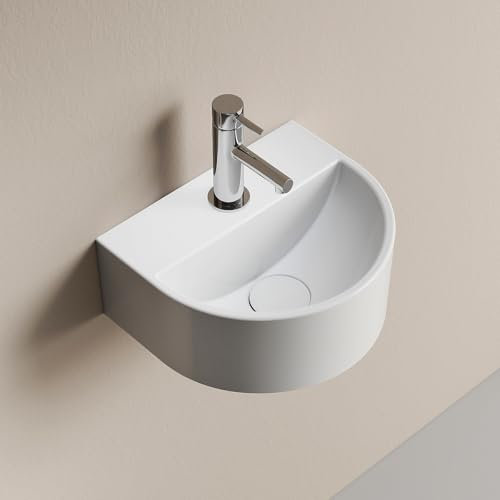 EMKE Lavabo Semicircolare 303 x 255 x 120 mm – Lavabo Sospeso da Parete in Ceramica per WC Ospiti e Bagno – Design Moderno,Bianco Lucido