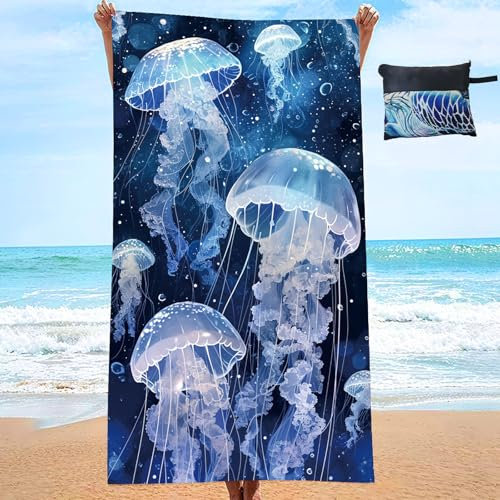 JINGTOPS Strandtuch Mikrofaser mit Tasche 90x180 Handtuch Strand XL Saunahandtuch Badetuch mit Ozean Thema Stranddecke groß Meeresschildkröten Qualle Beach Towel für Strand, Reise, Schwimmen (Qualle)
