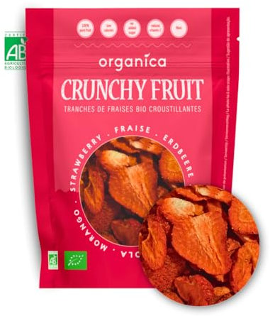Organica Food Crunchy Fraises lyophilisées Bio 100% fruit – 5 sachets – Fruits lyophilisés snack croustillant vegan sans sucres ajoutés