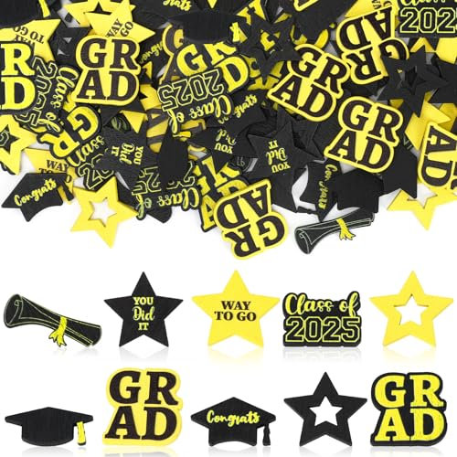 DECYOOL 200 Stück Abschlusskonfetti, Klasse 2025 Grad, Konfetti, Holz, Mini-Abschlusskappen, Gold und Schwarz, Dekorationen für Vasenfüller, Basteln, Partyzubehör