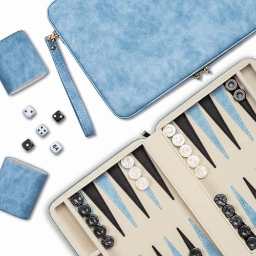 Lingle 9.4 Backgammon Sets for Adults, Classic Board Game with Folding Faux Leather Backgammon Case, Portable Travel Backgammon Game Set (Blue)