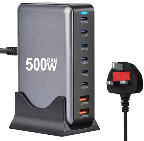 Hub di ricarica USB C da 500 W, GaN III 8 porte USB-C stazione di ricarica Hub con 6 porte USBC e 2 porte USB A, supporta Max PD100W compatibile con MacBook Pro, Steam Deck, iPhone 16/15/14 serie iPad