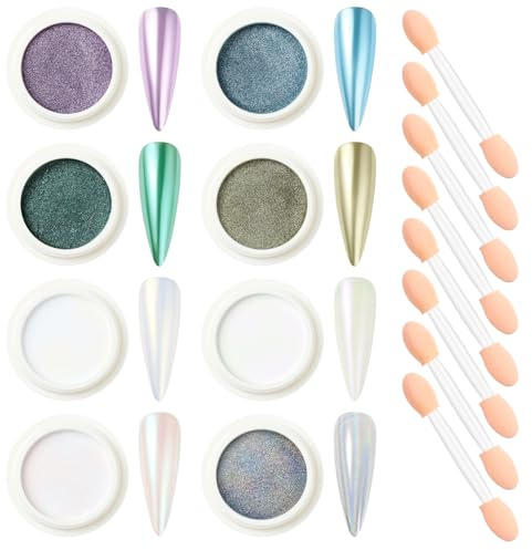 Nicedeco Chrome Nail Powder for Gel Nails, 8 Colors Metallic Mirror Effect Aurora Pigment Mermaid Glitter Manicure for Nail Art Design