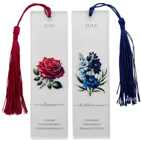 Darina Handmade Personalisiertes Acryl-Lesezeichen mit Geburtsblume & Name - Geschenk für Buchliebhaber