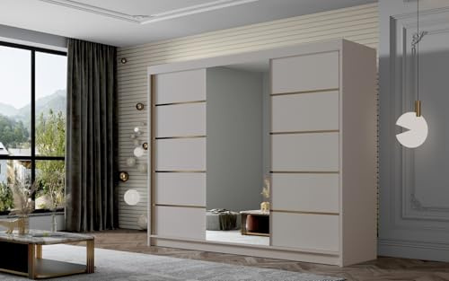 Gaba furniture Gold Series 250 cm Sliding Door Kashmir Wardrobe with Mirror Widths 100/120/150/180/200/250 cm Furniture for Bedroom Living Room Wardrobe with Hanging Rail