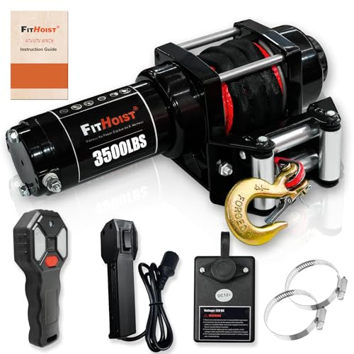 FITHOIST 3500 Pound Electric Winch with Red Synthetic Rope - IP68 Waterproof 12V for Boat Trailer