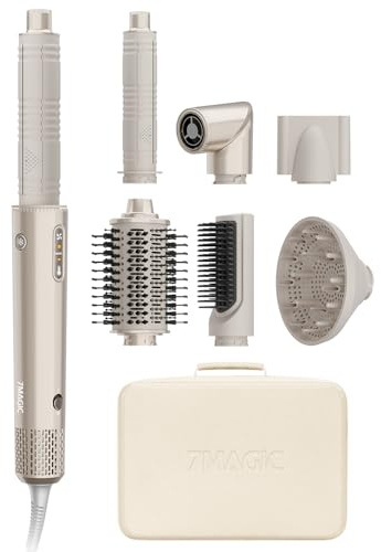 7-in-1 Hairstyler, Ionen Föhn mit Diffusor, Auto-Lockenstab, Auto-Styling | Rundbürstenföhn, Ohne Extreme Hitze, Coanda-Effekt, Schnellföhnen, Volumen, Glatt, Locken, Reisebox, Überhitzungsschutz, Gold