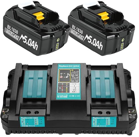 2 Pack 18V 5.0Ah Batteries + 6A DC18RD Dual Port Charger | Compatible with Makita Battery 14.4V-18V BL1850 BL1830 BL1860 BL1840 and DC18RD DC18RC DC18SF DC18RCT DC18RF Charger