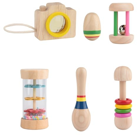 6pcs Holzspielzeug Rassel - Farbenfrohes Musikspielzeug, Baby Sensorik Spielzeug, Montessori Baby Rassel, Regenmacher für Kinder, Farbiges, Bissfestes Holzspielzeug