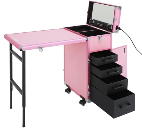 PromiseFly Rollbarer Maniküretisch, Klappbare Nageltisch mit Spiegel und Bluetooth-Lautsprecher Professioneller Kosmetik Trolley Nagelkoffer mit 4 Schubladen Kosmetikkoffer Tragkraft 50 kg
