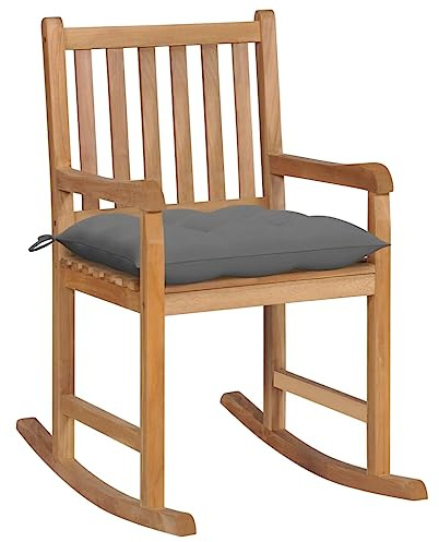 Teenpull Schaukelstuhl Massivholz Teak, Grau Kissen, 58x92,5x106 cm, Witterungsbeständig, Gartenstuhl für Außenbereich, Entspannung, Terrassenmöbel, Langlebig, Holz