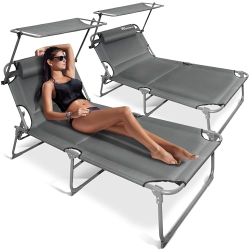 SUNMER Padded Extra Wide Sun Loungers with Adjustable Backrest and Shade Roof Canopy - Set of 2 Deluxe Garden Day Bed - 5 Position Reclining Folding Outdoor Sunbeds for Pool, Patio, Beach and Garden