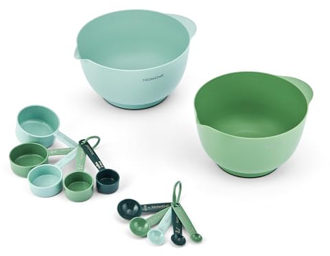 KitchenCraft 12-teiliges Rührschüssel- und Messset, 2 stapelbare Rührschüsseln, 5 Messbecher und 5 Messlöffel, Grün und Blau, platzsparendes Küchenvorbereitungsset zum Kochen und Backen