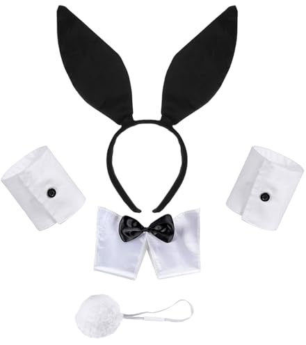 BOGCLEE Costume de Lapin, Kit D'accessoires de Lapin pour Femme, avec Serre-Tête avec Oreilles de Lapins, Collier avec Nœud Papillon, Manchettes et Queue de Lapins, pour Noël, Pâques, Cosplay