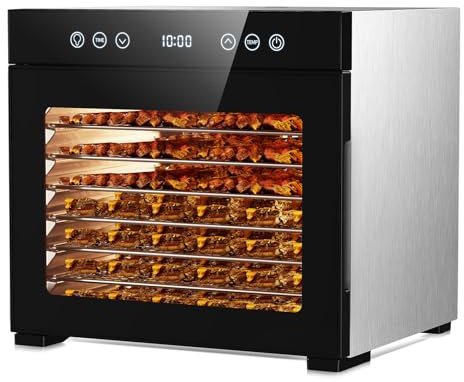 Food Dehydrator Machine, Powerful Food Dryer with 8 Stainless Steel Trays, Adjustable Temperature up to 167°F & 48-Hour Timer for Jerky, Fruits, Herbs - Includes Mesh Tray, Drip Tray & Recipe Guide